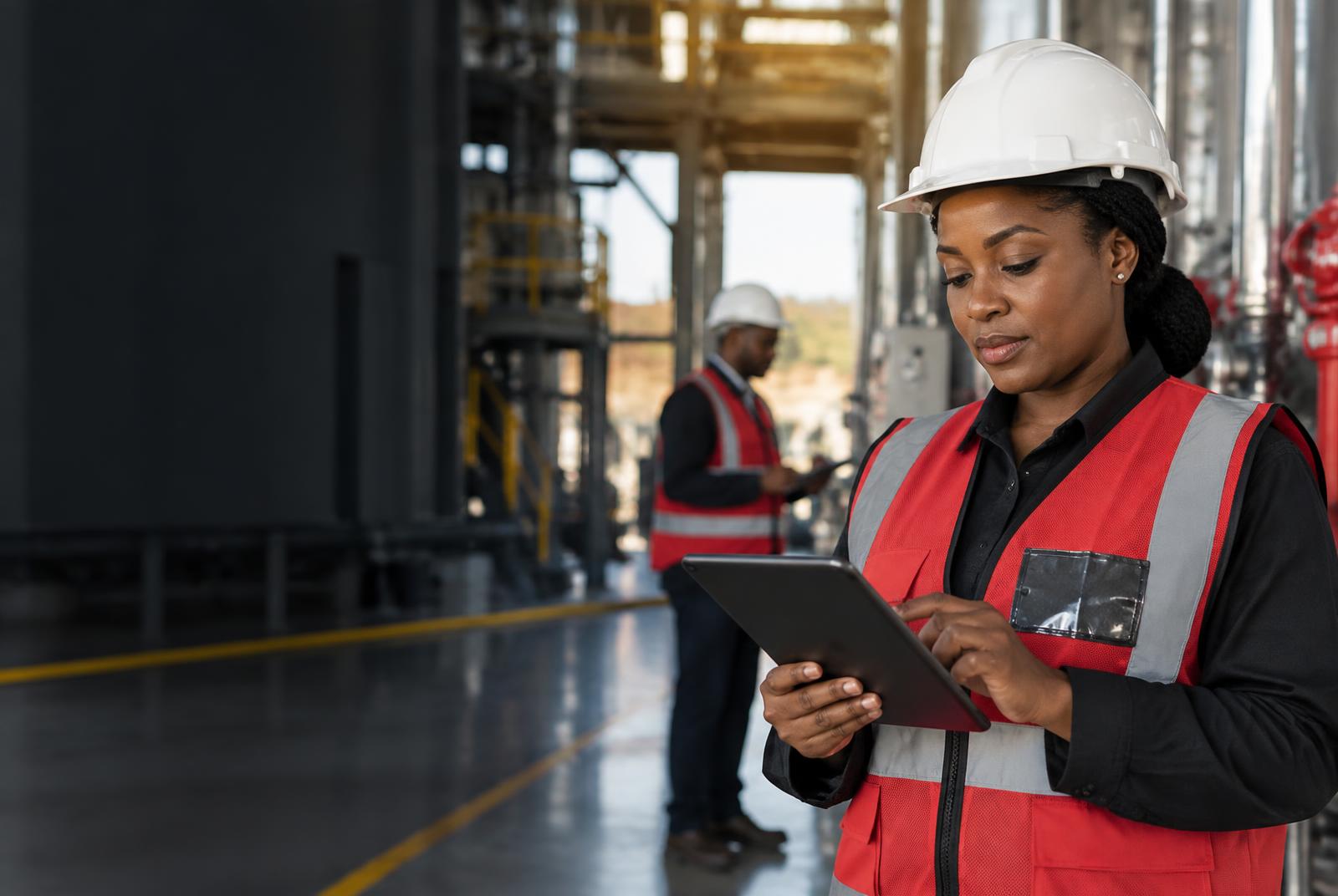 Safety professional conducting a workplace compliance inspection